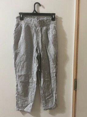 Women's Linen Blend Striped Paperbag Pants Size S Minimalist Coastal